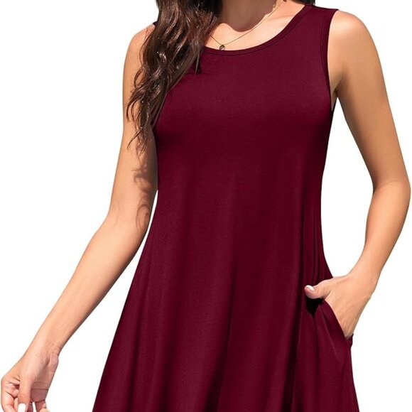 Weaczzy Red Wine Sleeveless Stretchy Swing Tank Dress with Pockets Size Medium - Picture 4 of 13